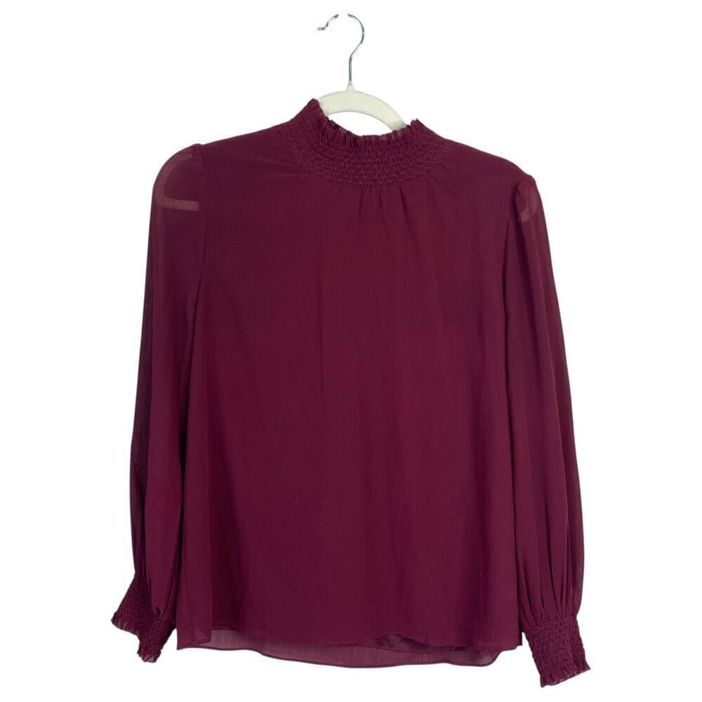 J. CREW Crinkle Chiffon Smocked Top Wine Red Long Sleeve Blouse Autumn Size XS
